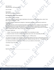 Sample letter, page one, filled in with fictional details and watermarked Sample