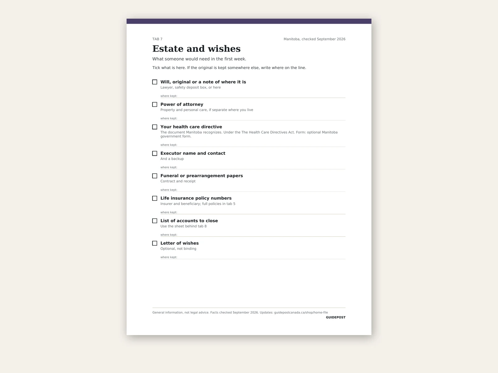 Home File checklist for tab 7, Estate and wishes, Manitoba edition